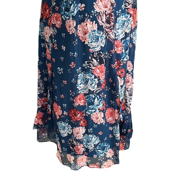 Sundance Silk Crinkly Chiffon Navy Blue Floral Print Ruffle Midi Dress - 14 - Picture 3 of 10